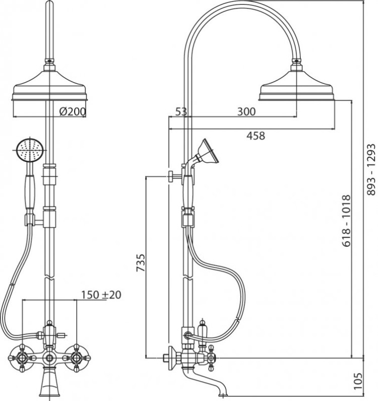 Душевая стойка со смесителем для ванны, верхним и ручным душем, 20 см Cezares LORD-CVD-03/24-Bi