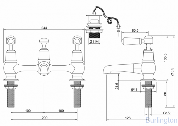 Смеситель для раковины на 2 отверстия с пробкой и цепочкой [KE10]