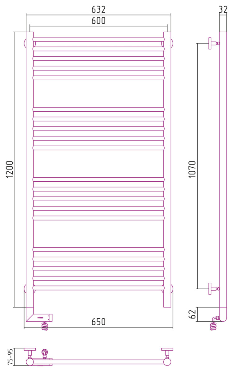 Полотенцесушитель электрический Сунержа Богема 2.0 прямая 1200х600 МЭМ левый Сатин