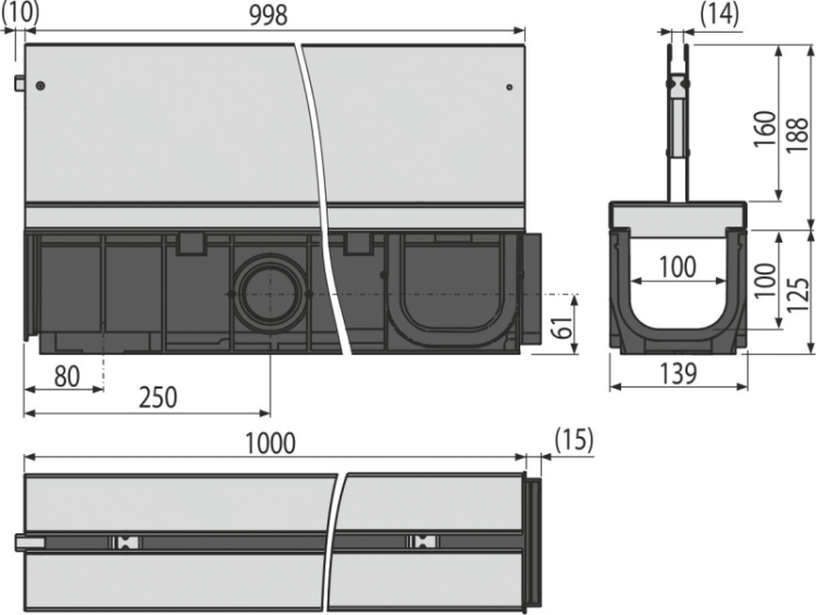 Щелевой дренажный канал с симметричной надставкой 160 мм, нержавеющая сталь Alcadrain AVZ101-R324