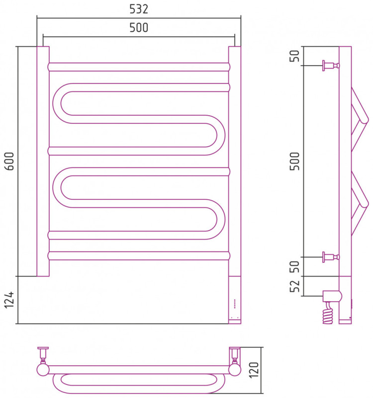Полотенцесушитель электрический Сунержа Элегия 3.0 600х500 МЭМ правый Без покрытия