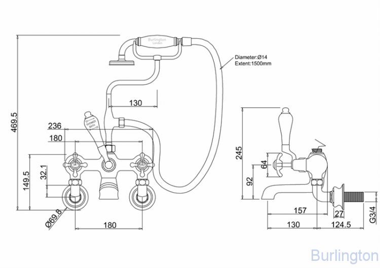 Смеситель для ванны с ручным душем, Regent, настенный [ANR17]