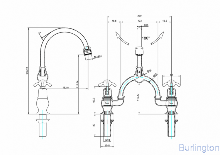 Смеситель для раковины на 2 отверстия со скрытым сливом-переливом [AN28 + W9] - подходит только для раковины B14
