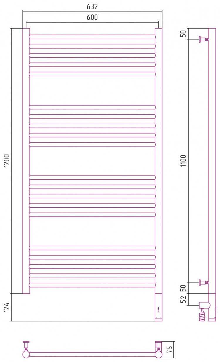 Полотенцесушитель электрический Сунержа Богема 3.0 прямая 1200х600 МЭМ правый Сатин