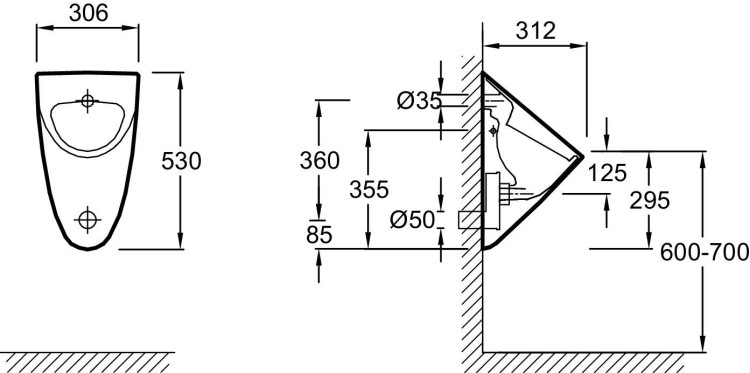 Писсуар 53 х 30,6 см Jacob Delafon ODEON UP E1147-00