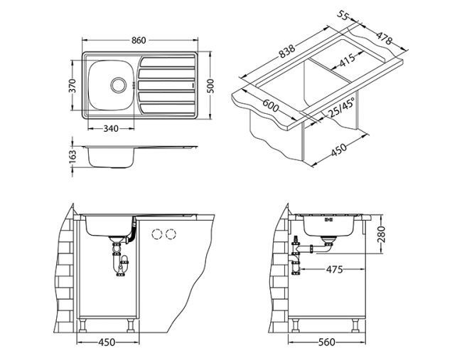 Мойка ZOOM 30 NAT-90 860X500 в комплекте с сифоном 1130550,