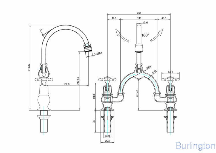 Смеситель для раковины на 2 отверстия со скрытым сливом-переливом [BI28 + W9] - подходит только для раковины B14