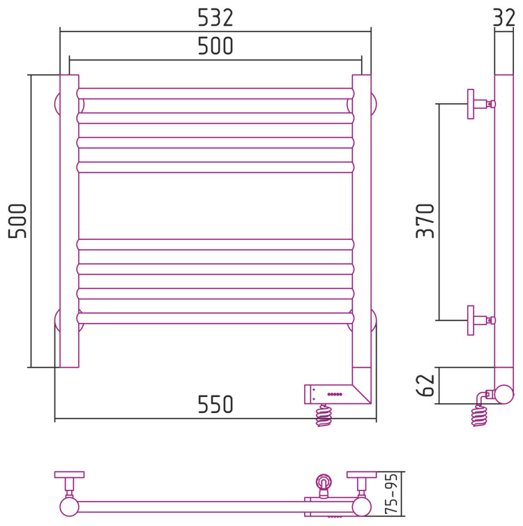Полотенцесушитель электрический Сунержа Богема 2.0 прямая 500х500 МЭМ правый Матовый чёрный