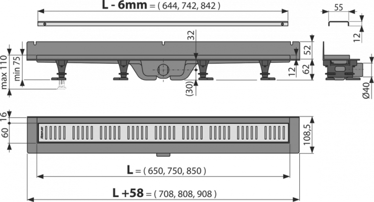 Водоотводящий желоб с порогами для перфорированной решетки и фиксированным воротником к стене Alcadrain APZ30 WALL