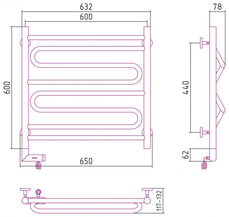 Полотенцесушитель электрический Сунержа Элегия 2.0 600х600 МЭМ левый Без покрытия