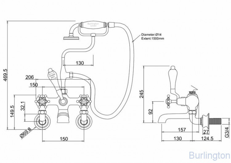 Смеситель для ванны с ручным душем, Regent, настенный [BIR17A]