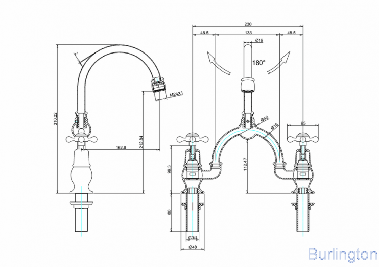 Смеситель для раковины на 2 отверстия со скрытым сливом-переливом [CL28 + W9] - подходит только для раковины B14