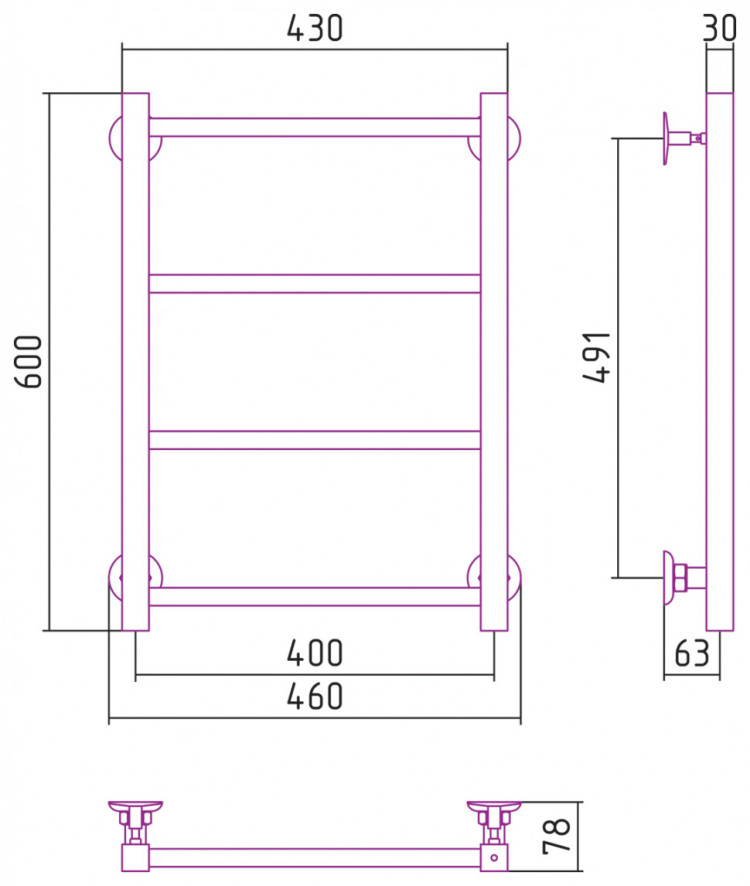 Полотенцесушитель водяной Стилье Версия-КН 600х400 (4) П 20х20 Чёрный