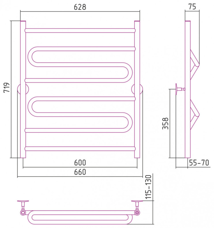 Полотенцесушитель водяной Стилье Универсал-51 800х600 (1+2+1) ПZП 21 Без покрытия