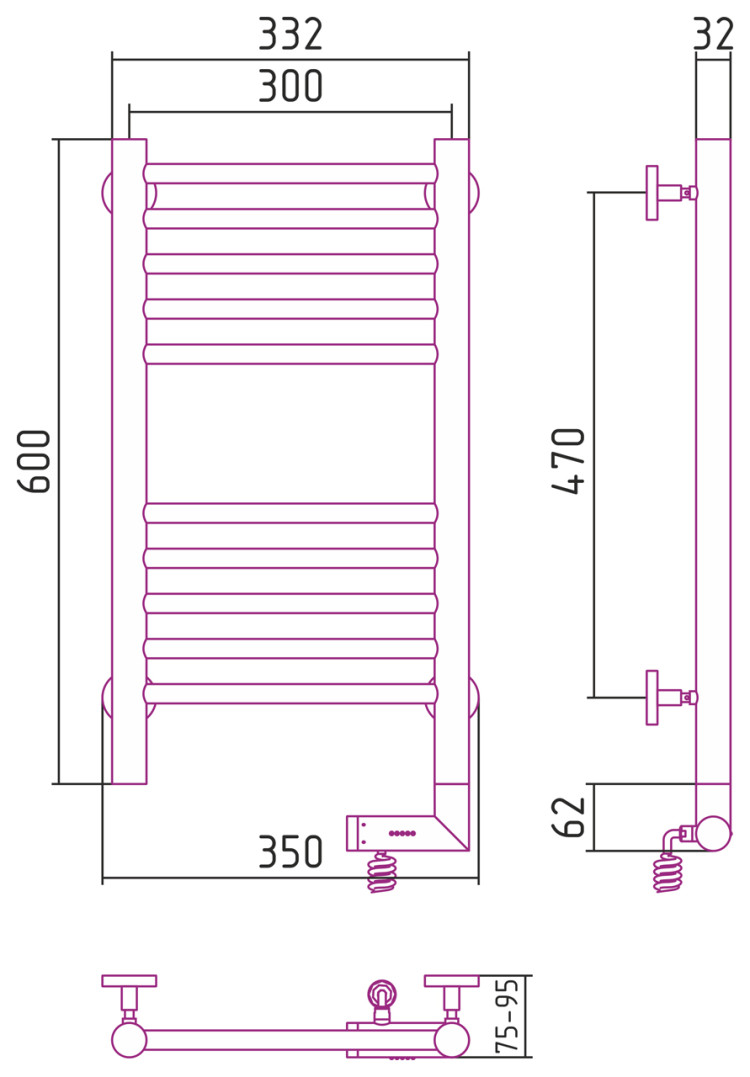 Полотенцесушитель электрический Сунержа Богема 2.0 прямая 600х300 МЭМ правый Без покрытия