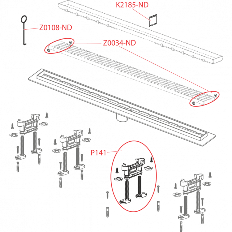 Водоотводящий желоб с порогами из нержавеющей стали для перфорированной решетки или решетки под кладку плитки, без гидрозатвора Alcadrain APZ2022 Optimal