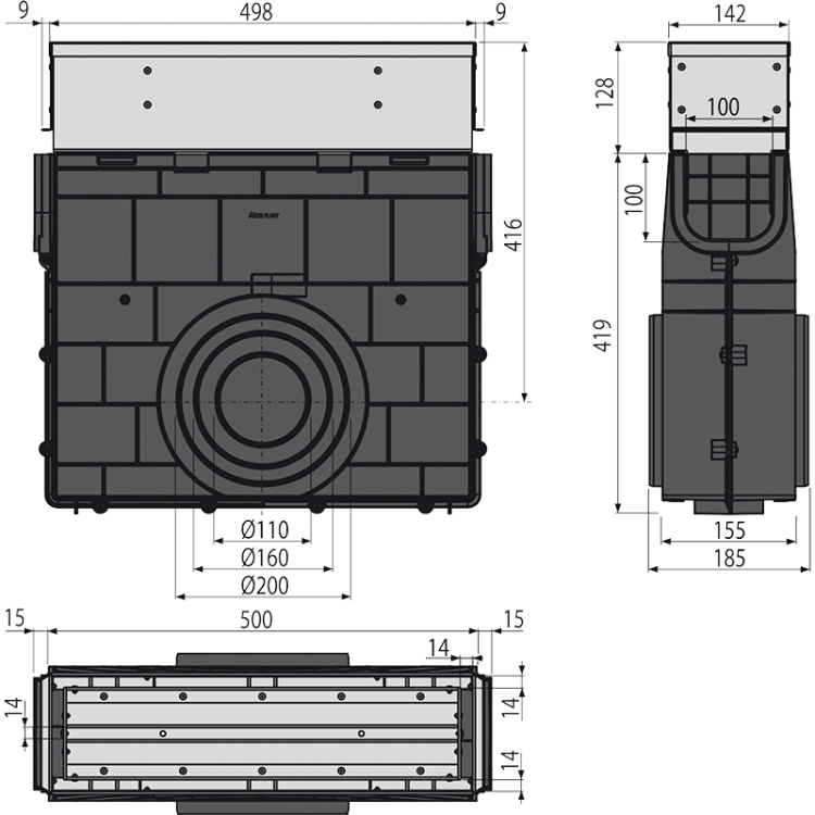 Пескоуловитель для дренажного канала с щелевой симметричной сервисной надставкой 100 мм, оцинкованная сталь Alcadrain AVZ101R-R123R