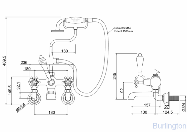Смеситель для ванны с ручным душем, Regent, настенный [BIR17]