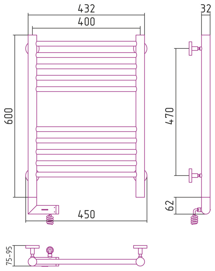 Полотенцесушитель электрический Сунержа Богема 2.0 прямая 600х400 МЭМ левый Без покрытия