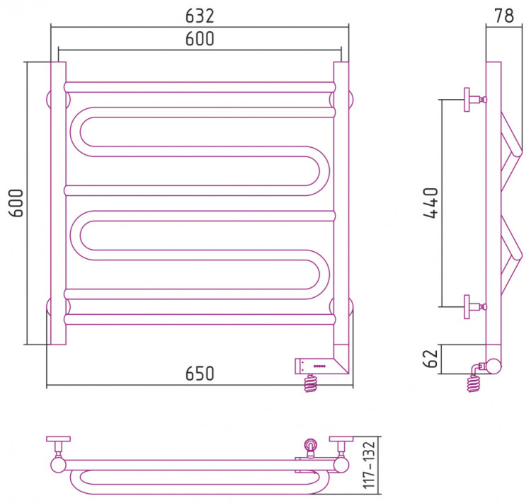 Полотенцесушитель электрический Сунержа Элегия 2.0 600х600 МЭМ правый Без покрытия