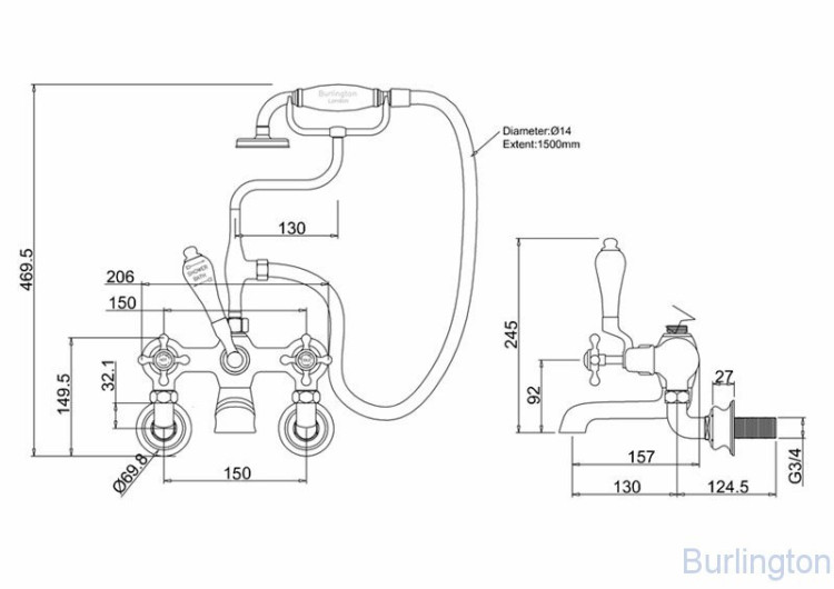 Смеситель для ванны с ручным душем, Regent, настенный [CLR17A BLA]
