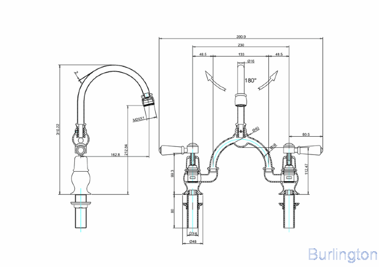 Смеситель для раковины на 2 отверстия со скрытым сливом-переливом [KE28 WAL + W9] - подходит только для раковины B14