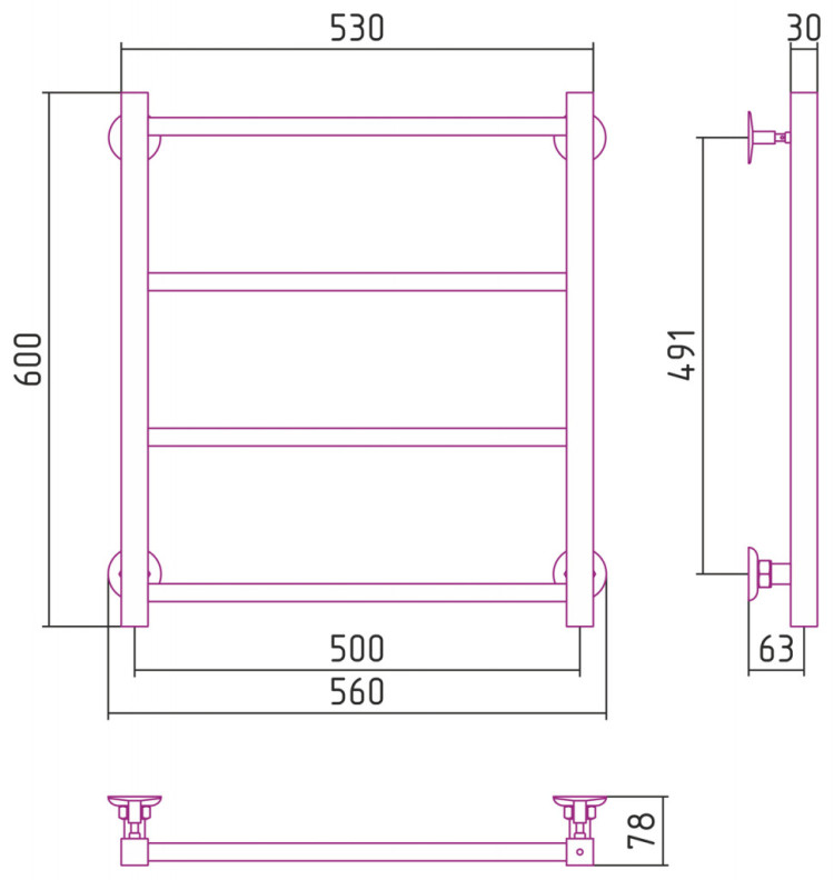Полотенцесушитель водяной Стилье Версия-КН 600х500 (4) П 20х20 Белый