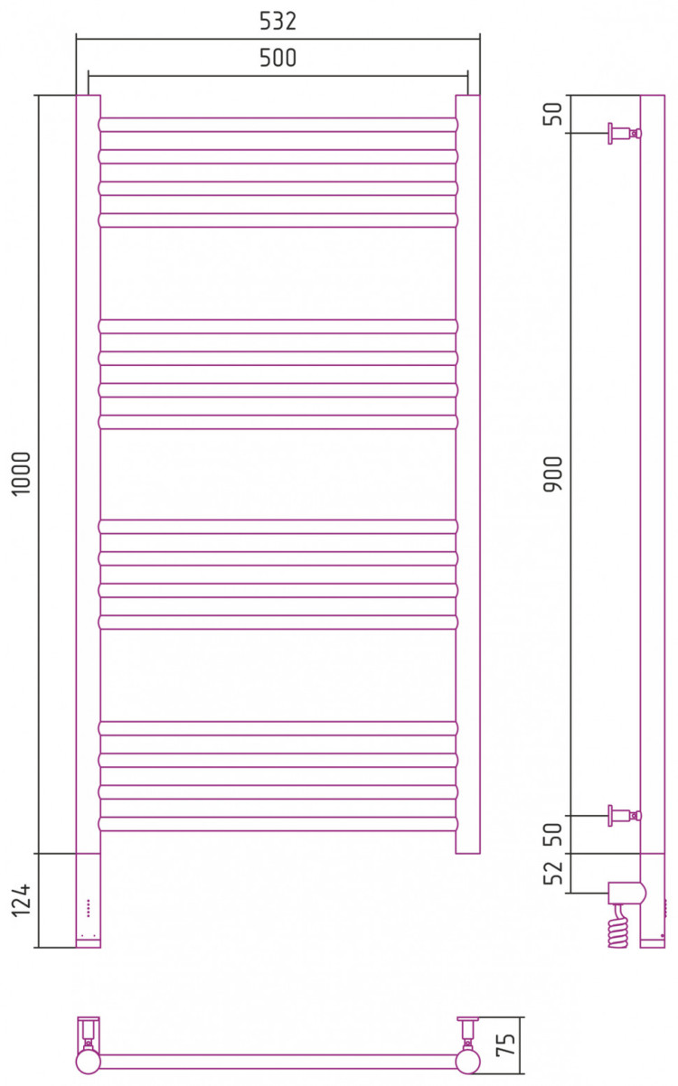 Полотенцесушитель электрический Сунержа Богема 3.0 прямая 1000х500 МЭМ левый Матовый чёрный