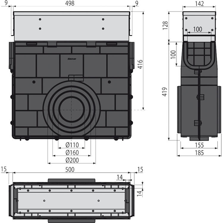 Пескоуловитель для дренажного канала с щелевой асимметричной сервисной надставкой 100 мм, нержавеющая сталь Alcadrain AVZ101R-R321R