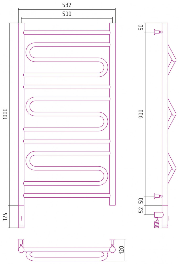 Полотенцесушитель электрический Сунержа Элегия 3.0 1000х500 МЭМ левый Без покрытия