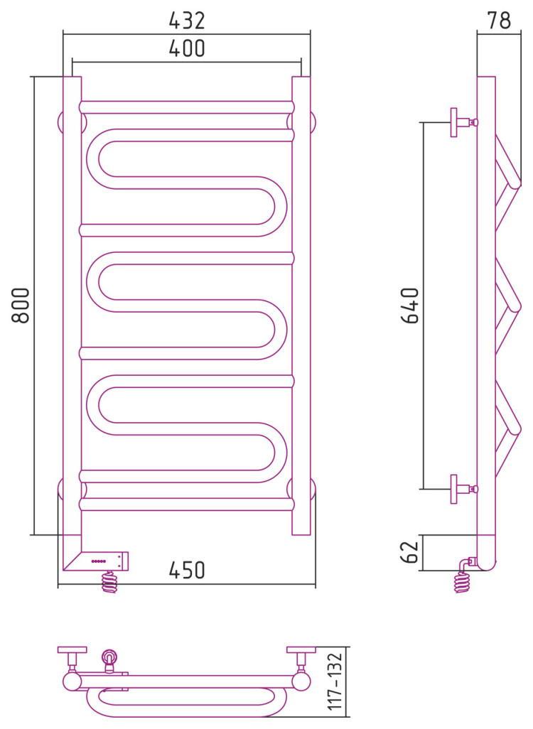 Полотенцесушитель электрический Сунержа Элегия 2.0 800х400 МЭМ левый Без покрытия