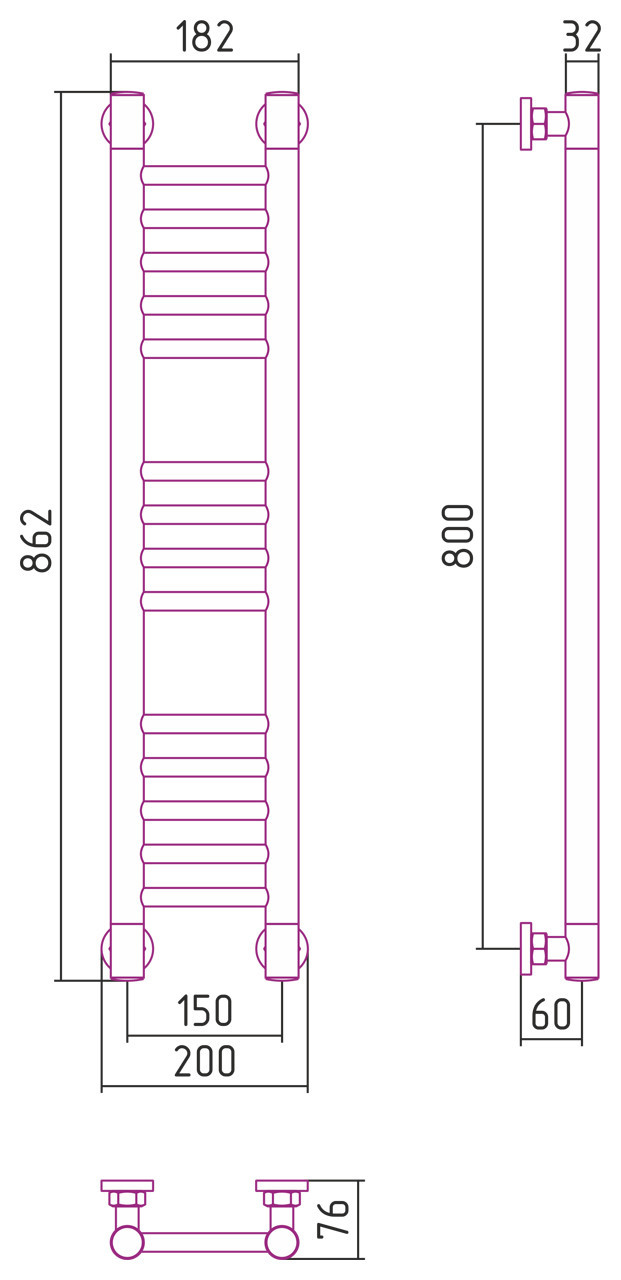 Полотенцесушитель водяной Сунержа Богема+ прямая 800х150 Матовый чёрный