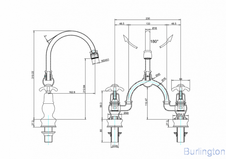 Смеситель для раковины на 2 отверстия, Regent, со скрытым сливом-переливом [ANR28 + W9] - подходит только для раковины B14
