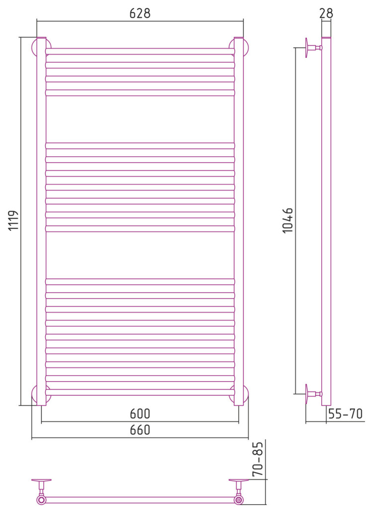 Полотенцесушитель водяной Стилье Универсал-53 1200х600 (4+7+9) П 18 Без покрытия