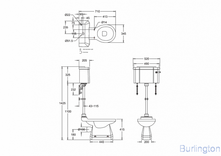Унитаз с бачком среднего уровня/Золото