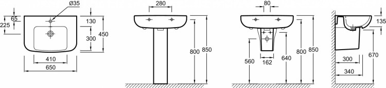 Полувстраиваемая керамическая раковина 65 х 45 см на собственной опоре Jacob Delafon ODEON UPE4743-00
