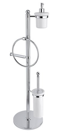 Стойка напольная с держателем туалетной бумаги, щёткой для унитаза, полотенцедержателем и держателем дозатора для жидкого мыла Cezares OLIMP-WBD-03/24-M