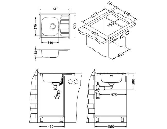 Мойка ZOOM 10 LEI-90-615X500 в комплекте с сифоном 1130550,