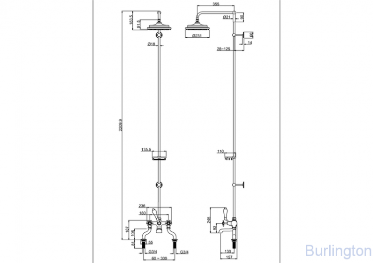 Душевая стойка со смесителем, верхняя лейка 236мм [H185-BI]