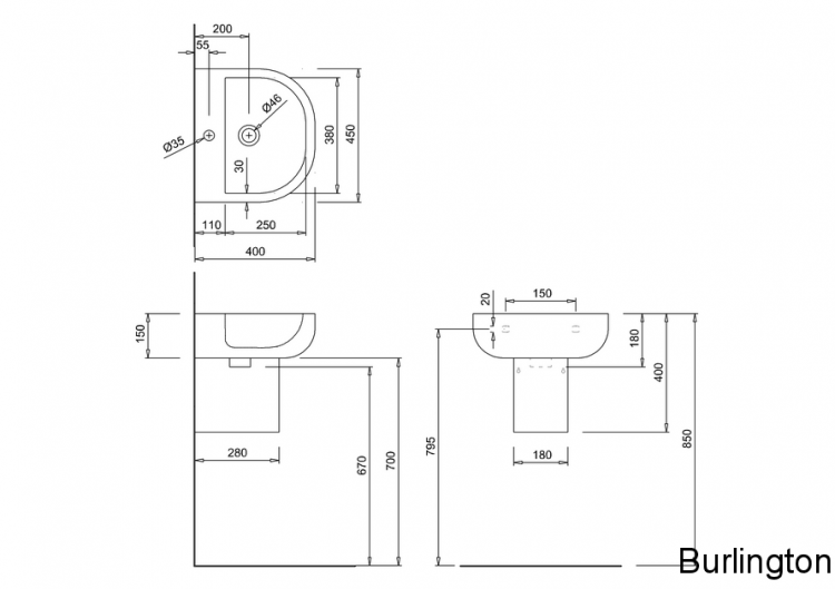 Раковина 450 mm с полупьедесталом