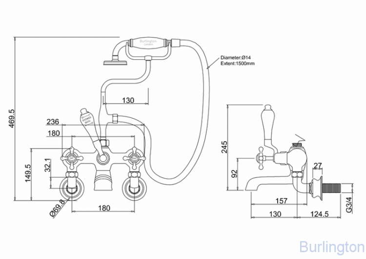 Смеситель для ванны с ручным душем, Regent, настенный [CLR17]