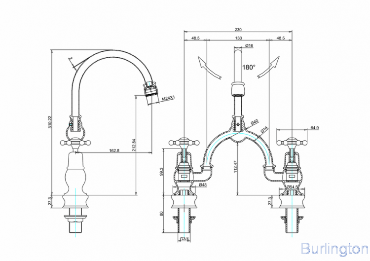 Смеситель для раковины на 2 отверстия, Regent, со скрытым сливом-переливом [BIR28 + W9] - подходит только для раковины B14
