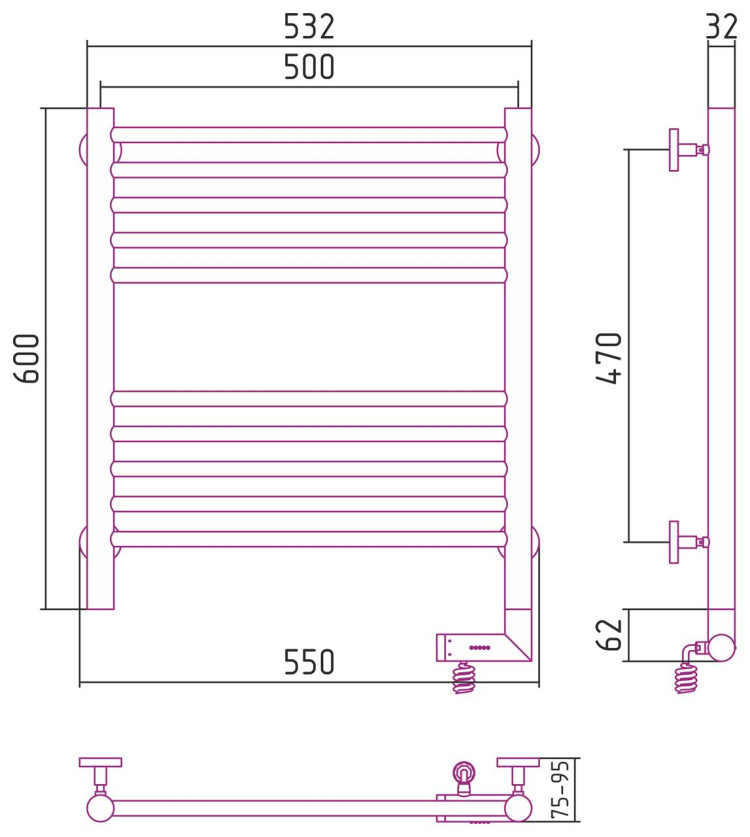 Полотенцесушитель электрический Сунержа Богема 2.0 прямая 600х500 МЭМ правый Без покрытия