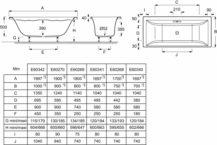 Ванна 170 х 80 см для установки с ножками (в комплекте) Jacob Delafon EVOK E60341-00