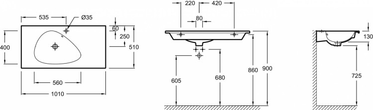 Подвесная раковина-столешница для установки с мебелью 100 см Jacob Delafon NOUVELLE VAGUEEXAQ112-Z-MG2