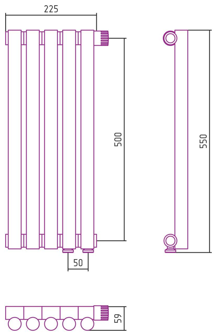 Отопительный радиатор Сунержа Эстет-1 EU50 правый 500х225 5 секций Без покрытия