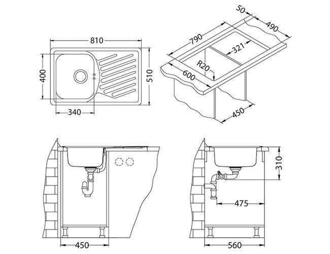 Мойка ELEGANT 30 LEI 90 FI 810X510 в комплекте с сифоном 1130551,