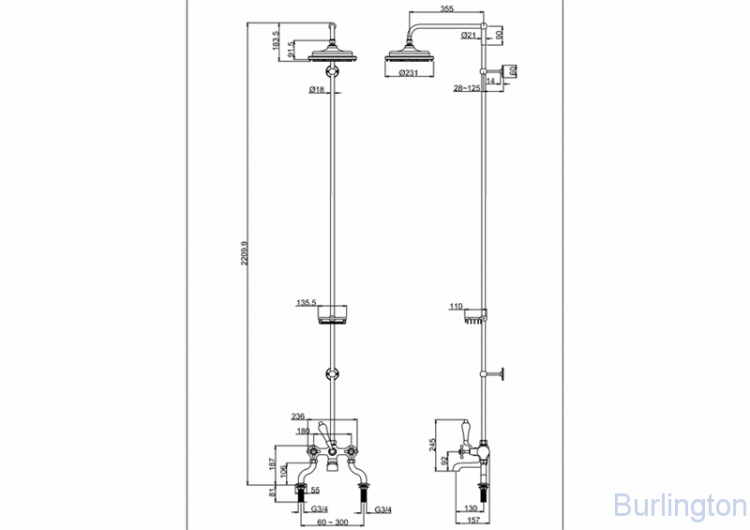 Душевая стойка со смесителем, верхняя лейка 236мм [H185-CL]
