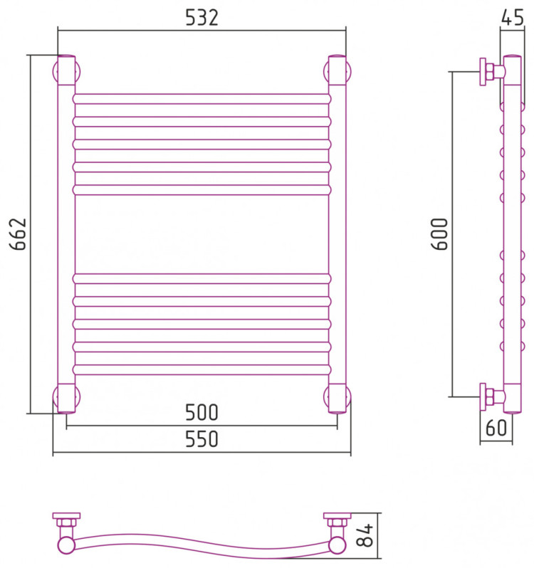 Полотенцесушитель водяной Сунержа Флюид+ 600х500 Тёмный титан муар