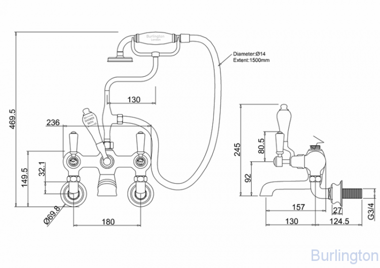 Смеситель для ванны с ручным душем, Regent, настенный [KER17]